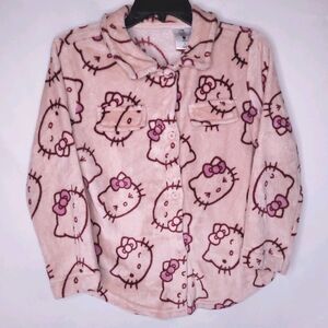 Hello Kitty Fleece Pajama Top Large Pink Button Down Fuzzy Lounge